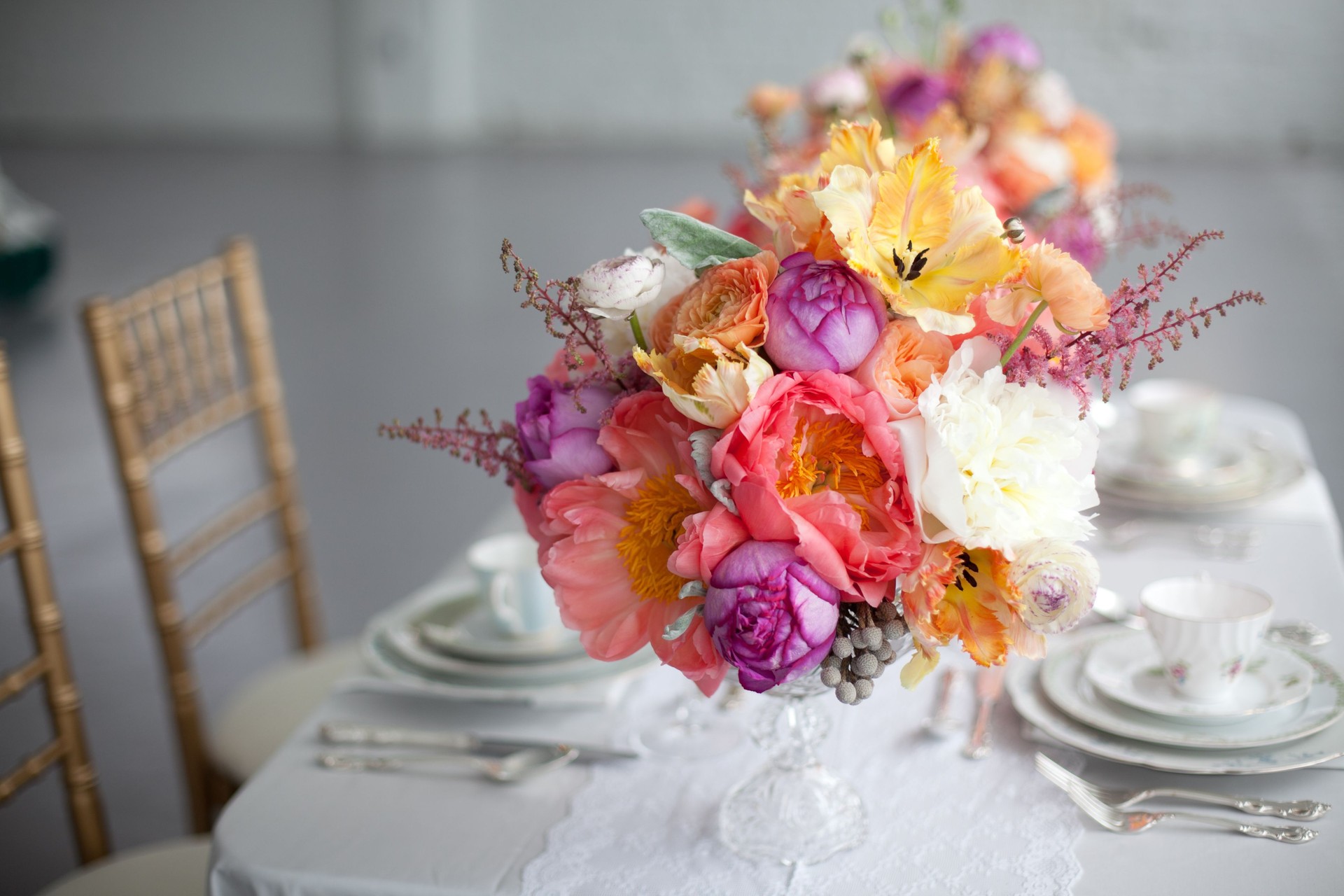 Tabletop with floral centerpieces